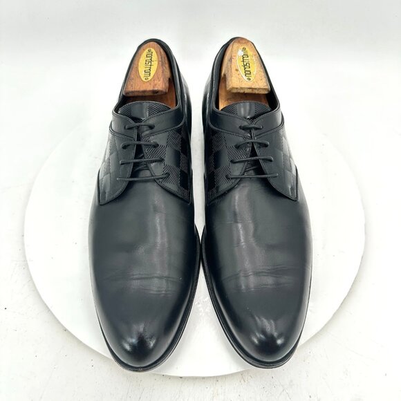 Louis Vuitton Men UK 8 US 9 Black Leather Plain Toe Checked Lace Up Derby Shoe - Picture 1 of 11